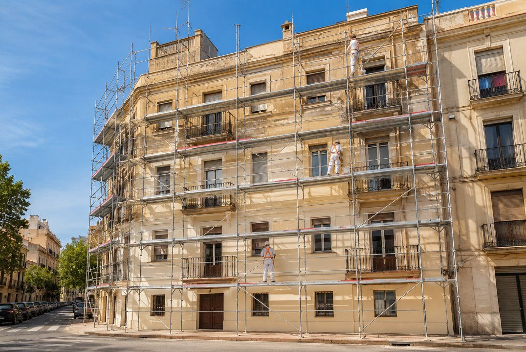 Andamio europeo completo instalado en edificio residencial con varios pintores trabajando