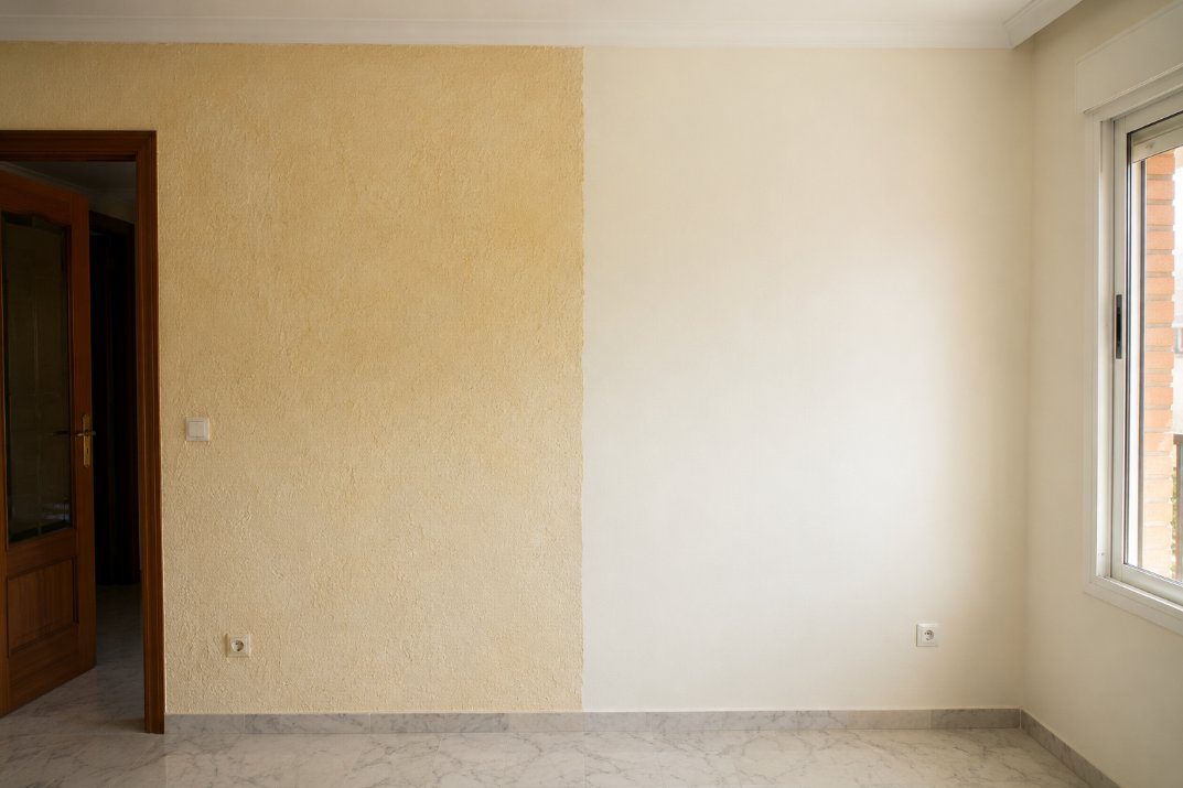 Pared dividida verticalmente con gotelé original a la izquierda y alisado fino a la derecha