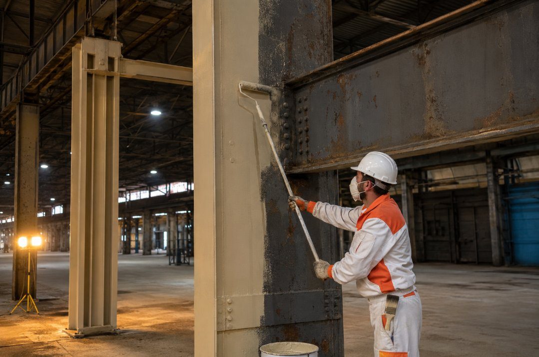Aplicación de pintura antioxidante a pilares de acero en interior de nave industrial