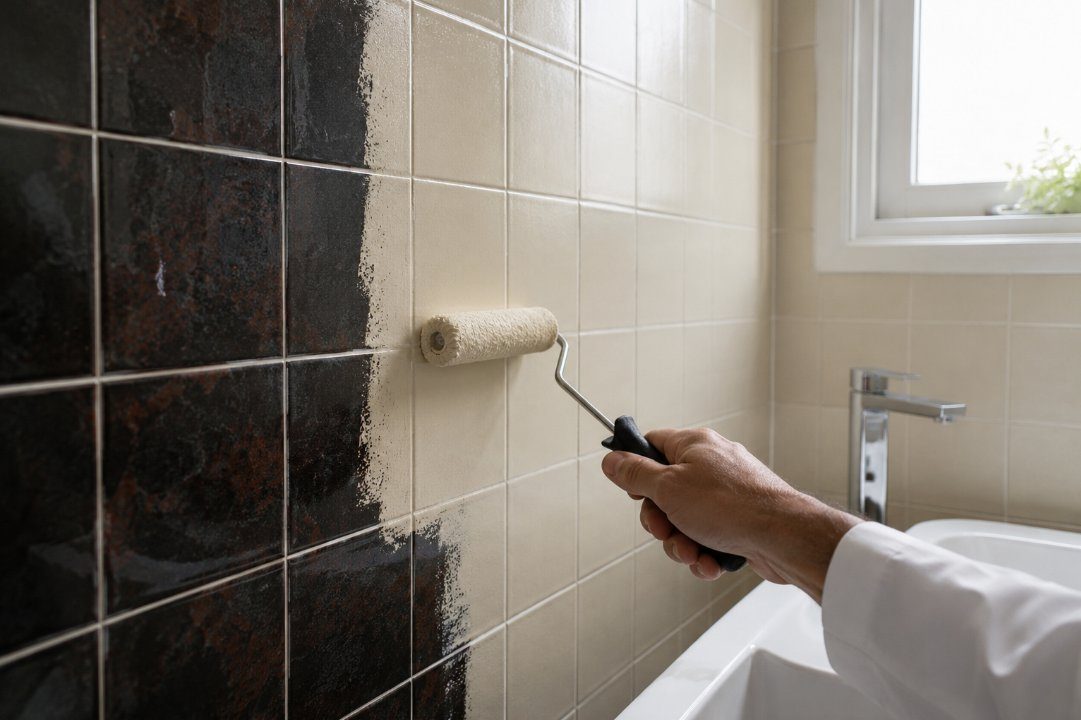 Aplicación de esmalte específico sobre azulejos oscuros de baño con rodillo fino