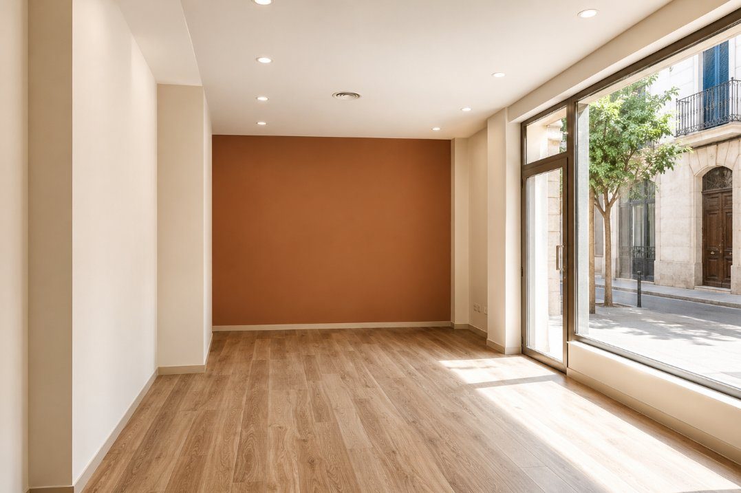 Local comercial recién pintado con pared de acento terracota y suelo de roble