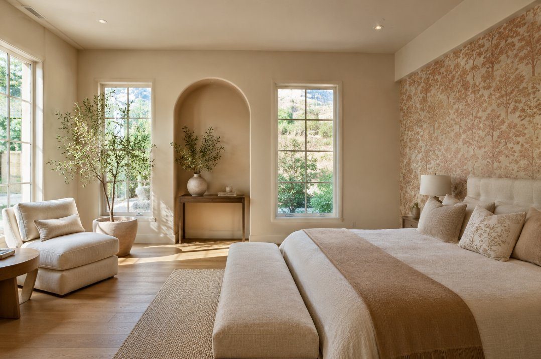 Dormitorio elegante con pared empapelada con patrón botánico cálido