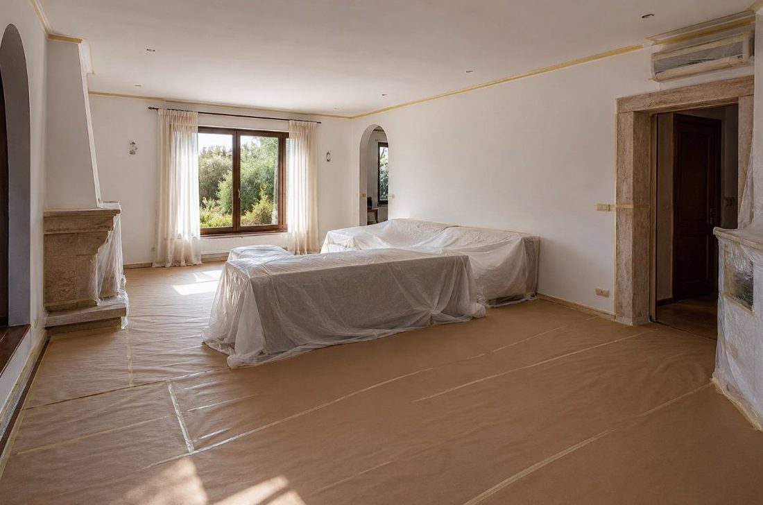 Salón completamente protegido con plásticos y papel kraft antes de empezar a pintar