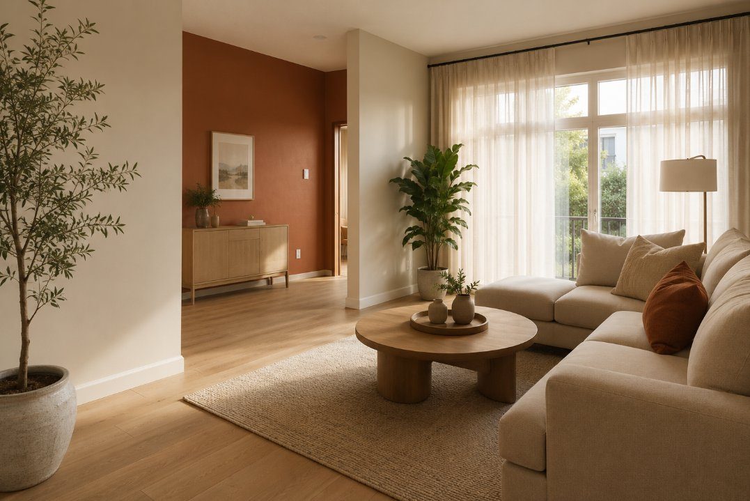 Salón mediterráneo terminado con pared de acento en terracota y sofá beige